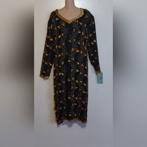 Black & Gold Silk Dress. India LaZar SEQUINS BEADS. Tag?? Vintage SIZE XL (S)